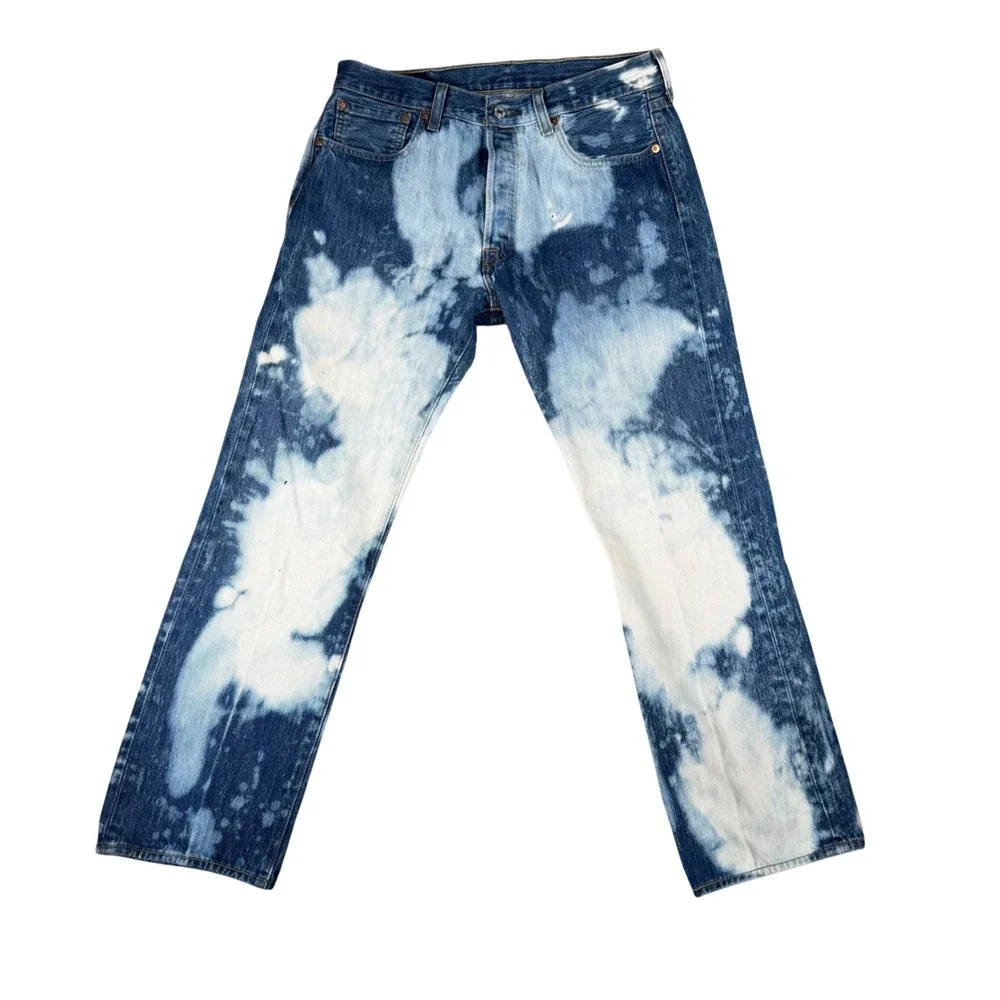 Levis 501 Mens Custom Bleach Splatter Jeans Straight Leg Blue White W33 L30